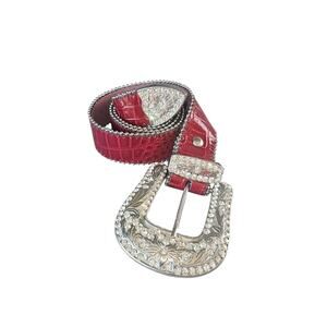 Red Leather Belt Western Rhinestone Buckle Genuine